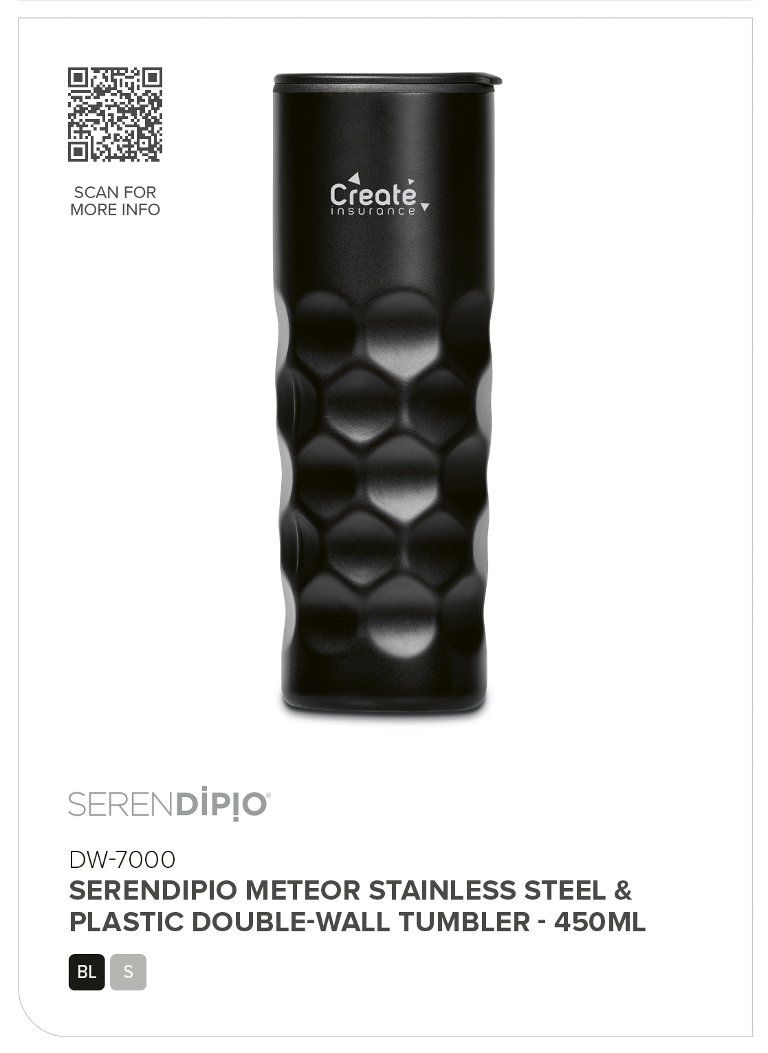 DW-7000 - Serendipio Meteor Stainless Steel & Plastic Double-Wall Tumbler - 450ml - Catalogue Image